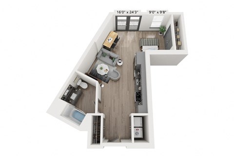 Studio 1 bathroom floor plan A at WOODBURN EXCHANGE, Cincinnati